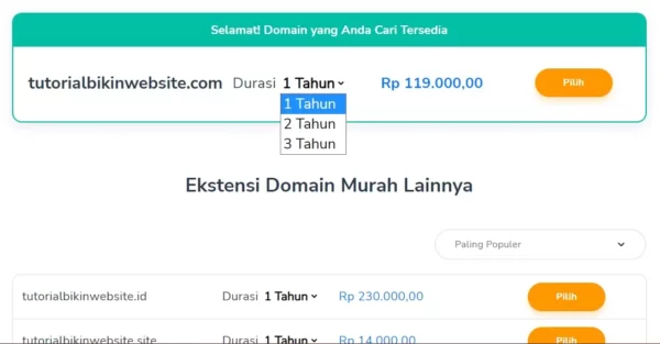 Durasi Domain Dan Klik Pilih