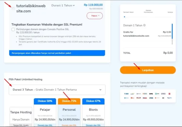 Halaman Order Domain Dan Pilihan Paket Hosting